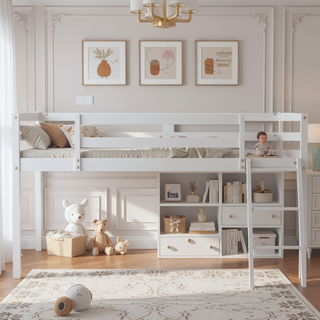 Sunvega White Full Size Low Loft Wood Bed with Convertible Left or Right Ladder