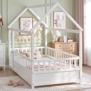 Sunvega Twin Size Floor Wooden Bed with House Roof Frame and Fence Guardrails
