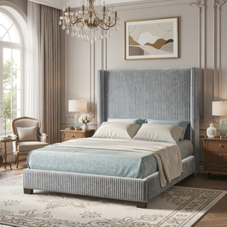 Sunvega Queen Upholstered Pleated Bed in a Box with Sturdy Dark Brown Frame