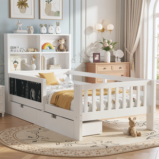 Sunvega Twin Solid Wood Platform Bed with Chalkboard Headboard and Storage Drawers
