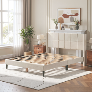 Sunvega Modern Minimalist Linen Upholstered Wingback Bed with Panel-Tufted Headboard