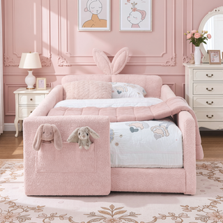 Sunvega Twin Size Upholstered Platform Bed with Cute Rabbit Ear Shaped Headboard