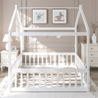 Sunvega Full Size House Bed Frame with Playhouse Fence and Roof for Kids