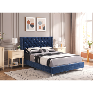 Sunvega Navy Blue Upholstered Queen Bed with Transitional Design Headboard