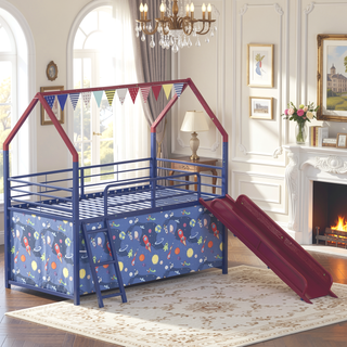 Sunvega Marvel Superhero Metal Twin Loft Bed with Slide and Curtain Set