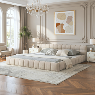Sunvega Grounded California King Upholstered Bed Frame with Soft Chenille Fabric Headboard