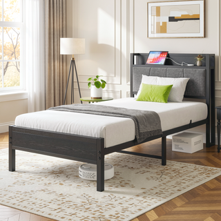 Sunvega Full Size Bed Frame with Storage Headboard and Charging Station Outlets