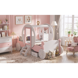Sunvega Twin Size Princess Carriage Bed with Crown Wood Platform and Stair