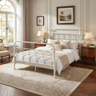 Sunvega Spindle Headboard White Full Bed Frame with Metal Base and Slats
