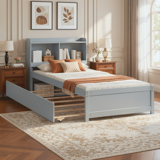 Sunvega White Twin Trundle Bed with Storage Headboard and Bookcase