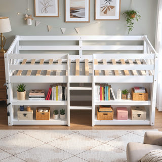 Sunvega Low Loft Bed With Two-Tier Shelves LED Light And Guardrail For Kids