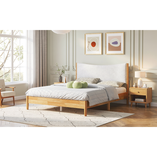 Sunvega Queen Size Boucle Upholstered Headboard Solid Rubber Wood Bed with Support Feet