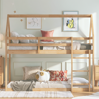 Sunvega Rubber Wood Twin over Twin Bunk Bed with Ladder and Guardrails