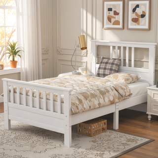 Sunvega White Wood Platform Bed with Headboard Footboard and Slat Support