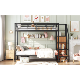 Sunvega Twin Over Twin Metal Bunk Bed with Lateral Ladder and Wardrobe in White