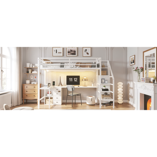 Sunvega Twin XL Loft Bed with Wardrobe Stairs USB LED Light and Desk