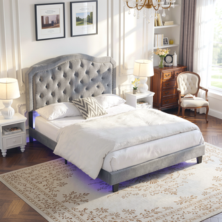 Sunvega King Size Upholstered Platform Bed with Button Tufted Linen Headboard