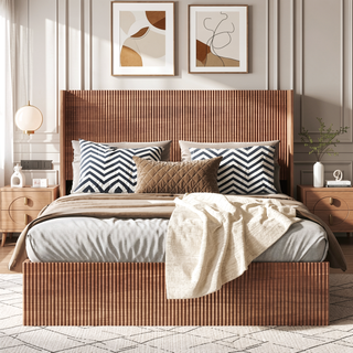 Sunvega Queen Wood Platform Bed Frame with Lift Storage and Chic Headboard