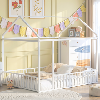 Sunvega Full Size Playhouse Metal Bed Frame with Fence for Kids and Teens