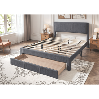 Sunvega Modern Charcoal Corduroy Upholstered Full Size Bed with Storage Drawer