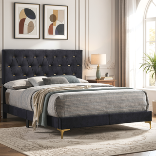 Sunvega Queen Panel Bed with Diamond Tufted Headboard and Gold Legs