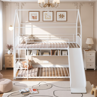 Sunvega Twin Over Twin Metal Bunk Bed With Slide And Removable Playhouse Roof