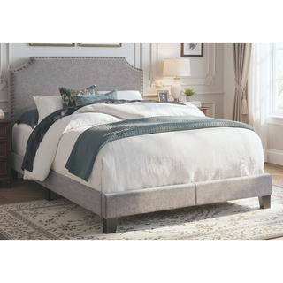 Sunvega Chic Grey Linen Look Upholstered Bed with Chrome Trim for Full Size
