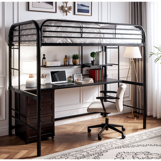 Sunvega Black Metal Twin Bunk Bed with Ladder Workstation and Guard Rails