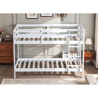 Sunvega Twin over Twin Solid Wooden Bunk Bed with Ladder and Strengthened Slats