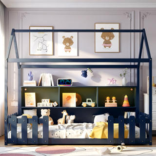 Sunvega Twin House Bed with LED Light Storage Bookshelf Guardrails for Kids Navy Blue
