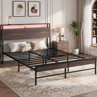 Sunvega Queen Bed Frame with Headboard LED Lights Charging Station 3-Tier Storage Shelf