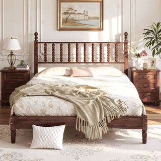 Sunvega Retro Style Queen Size Wood Platform Bed with Gourd Shaped Headboard and Slat Support
