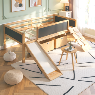 Sunvega Twin Size Pine Wood Loft Bed with Climbing Frame and Slide