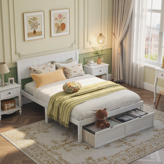 Sunvega White Full Size Pine Wood Platform Bed with Underbed Drawers