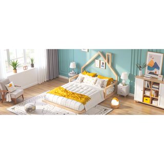 Sunvega Natural Wood Floor Bed with House-Shaped Headboard for Kids Room
