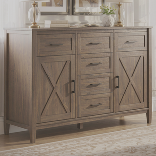 Sunvega Handcrafted Solid Wood Smoky Brown Sideboard with Drawers and Doors