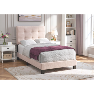 Sunvega Pink Velvet Upholstered Twin Size Platform Bed Frame for Youth Bedroom