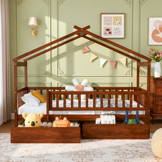 Sunvega Twin Size Wooden House Bed with Two Drawers and Headboard in White