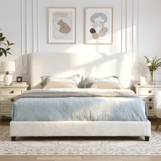 Sunvega King Size White Boucle Upholstered Platform Bed with Padded Headboard