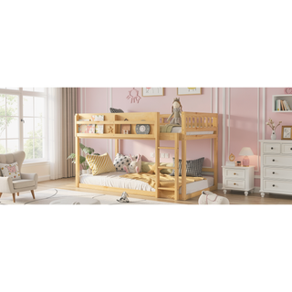 Sunvega Low Twin Over Twin Solid Wood Bunk Bed with Ladder for Kids & Juniors