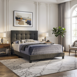 Sunvega Tufted Queen Panel Bed with Low Platform for Modern Bedroom Decor