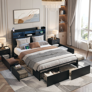 Sunvega Queen Storage Bed Frame with Headboard Charging Station and 4 Drawers