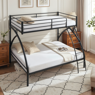 Sunvega Gray Metal Twin/Full Bunk Bed with Guard Rails and Ladder