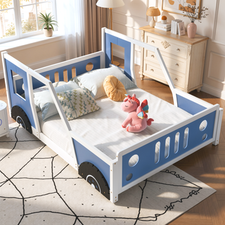 Sunvega Twin Size Blue Classic Car-Shaped Platform Bed with Wheels