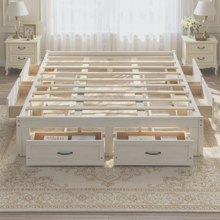 Sunvega Antique Natural Queen Size Platform Bed with 6 Spacious Storage Drawers