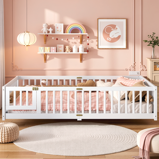 Sunvega Twin Size Floor Bed with Safety Guardrails and Door for Kids in Natural