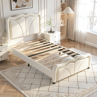 Sunvega Pink Twin Size Upholstered Bed with Height-Adjustable Headboard and LED Light Strips