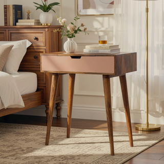 Sunvega Solid Mango Wood Dressing Table with Blush Pink Drawer and Foldable Mirror