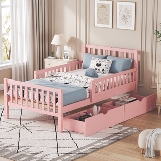 Sunvega Twin Size Walnut Wood Platform Bed with Guardrails and Two Storage Drawers