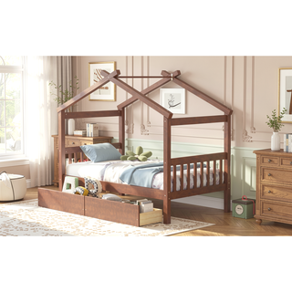 Sunvega Twin Size Wooden House Bed with Drawers and Headboard for Kids Room